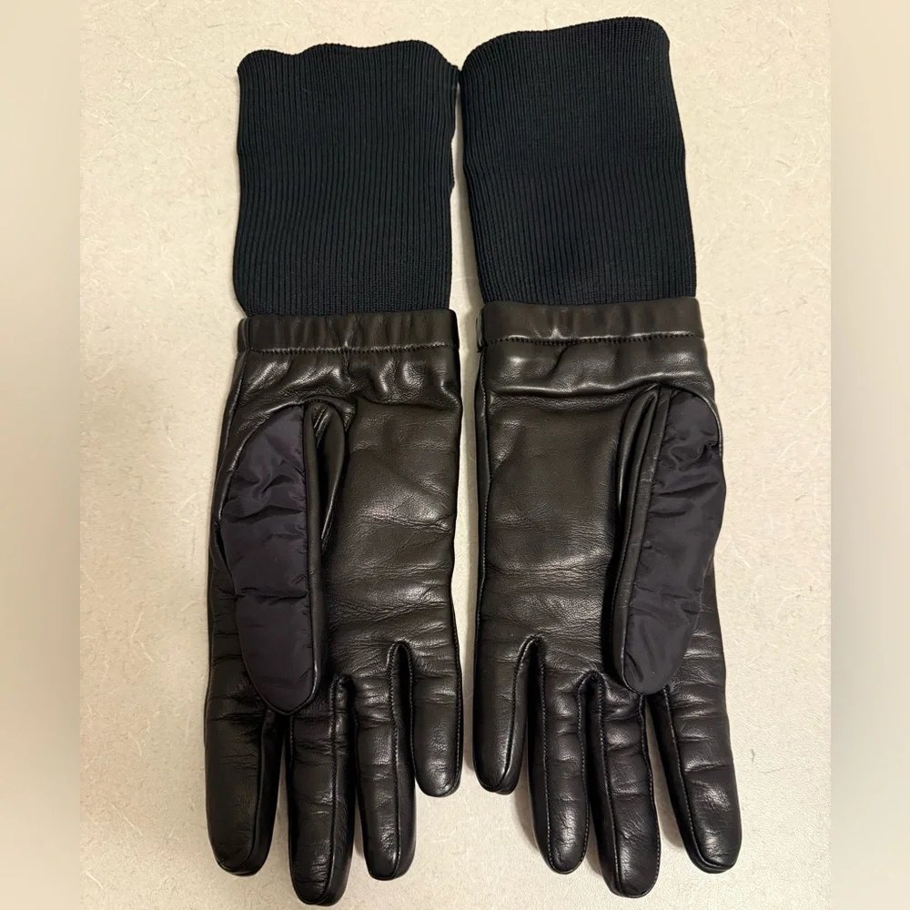AUTH PRADA WOMENS LEATHER/NYLON CASHMERE LINED GLOVES, SIZE 7.5, MADE IN ITALY